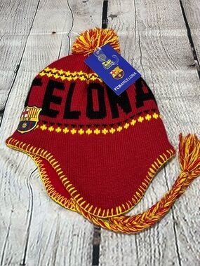 FC BARCELONA Red Peruvian Beanie Official Skull Cap Hat Adult One Size New